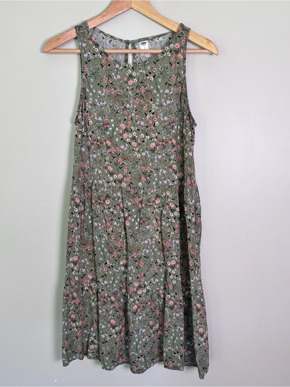 Old Navy Tiered Floral Dress-Boho-Sleeveless-Green/Pink-Size Small